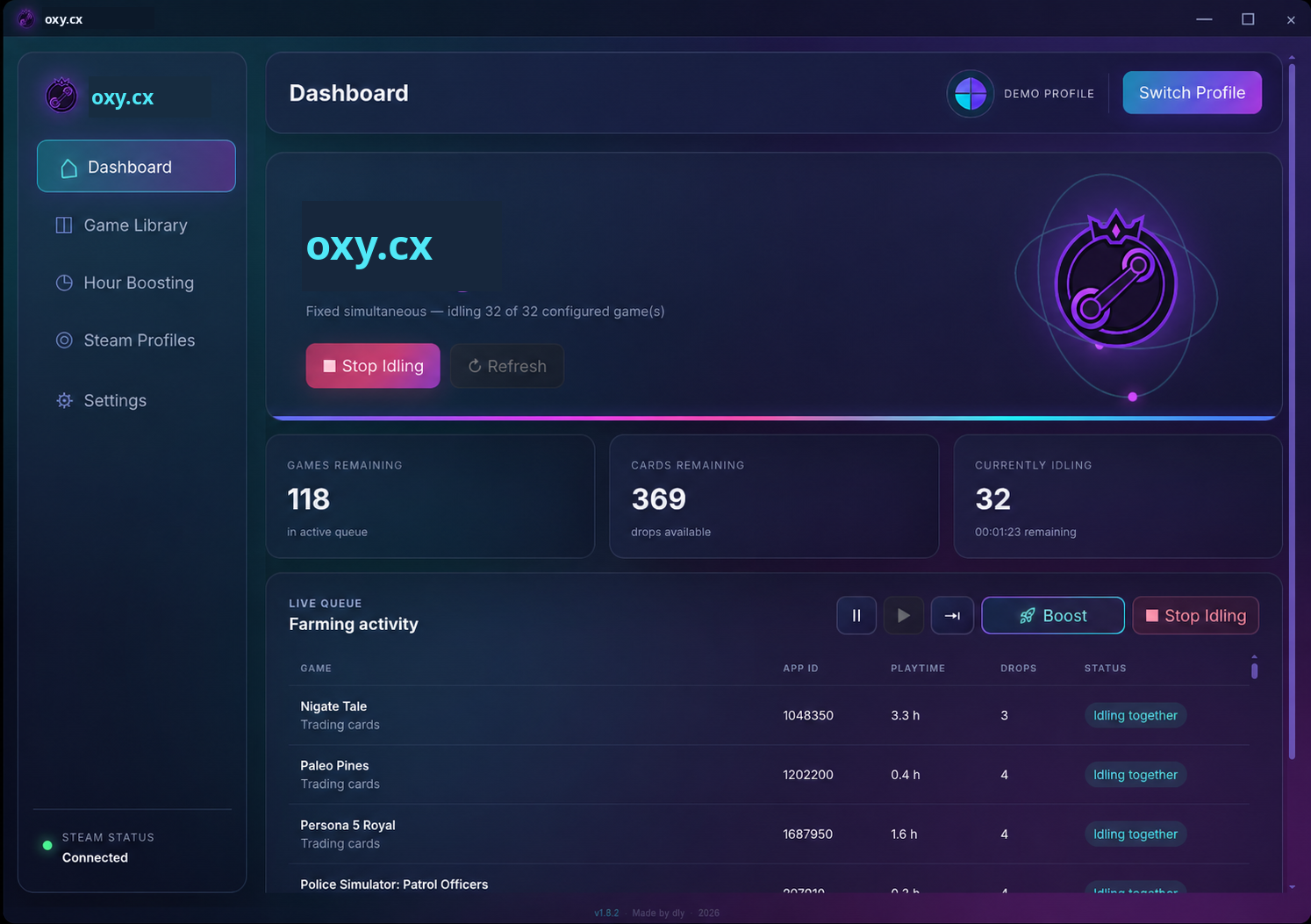 oxy.cx Dashboard showing games, remaining drops and the live farming queue