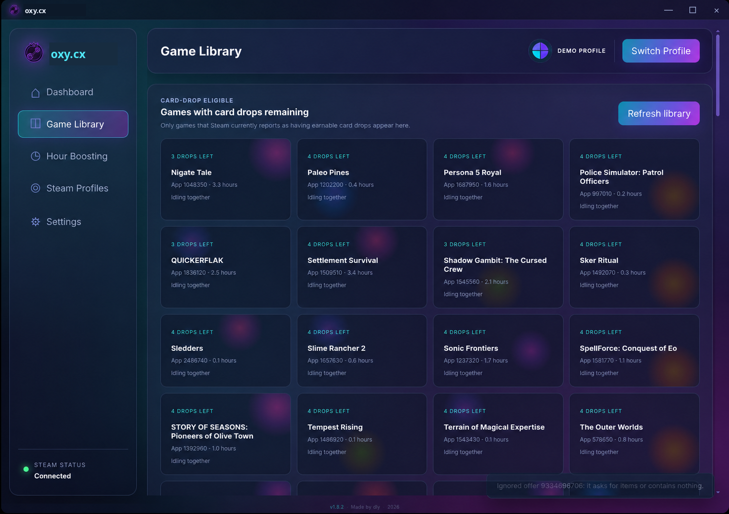oxy.cx Game Library showing games with card drops remaining
