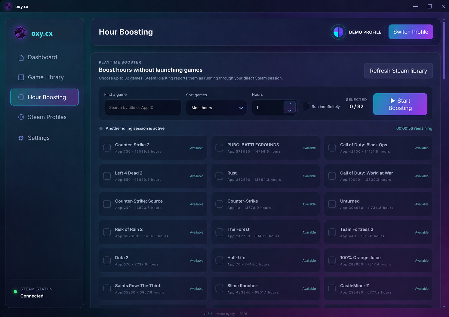 oxy.cx Hour Boosting screen for selecting and boosting up to 32 games