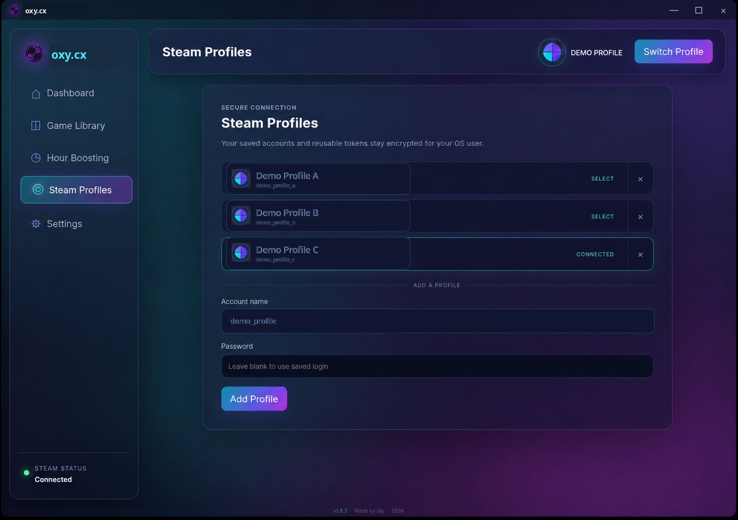 oxy.cx profile switcher with privacy-safe demo profiles