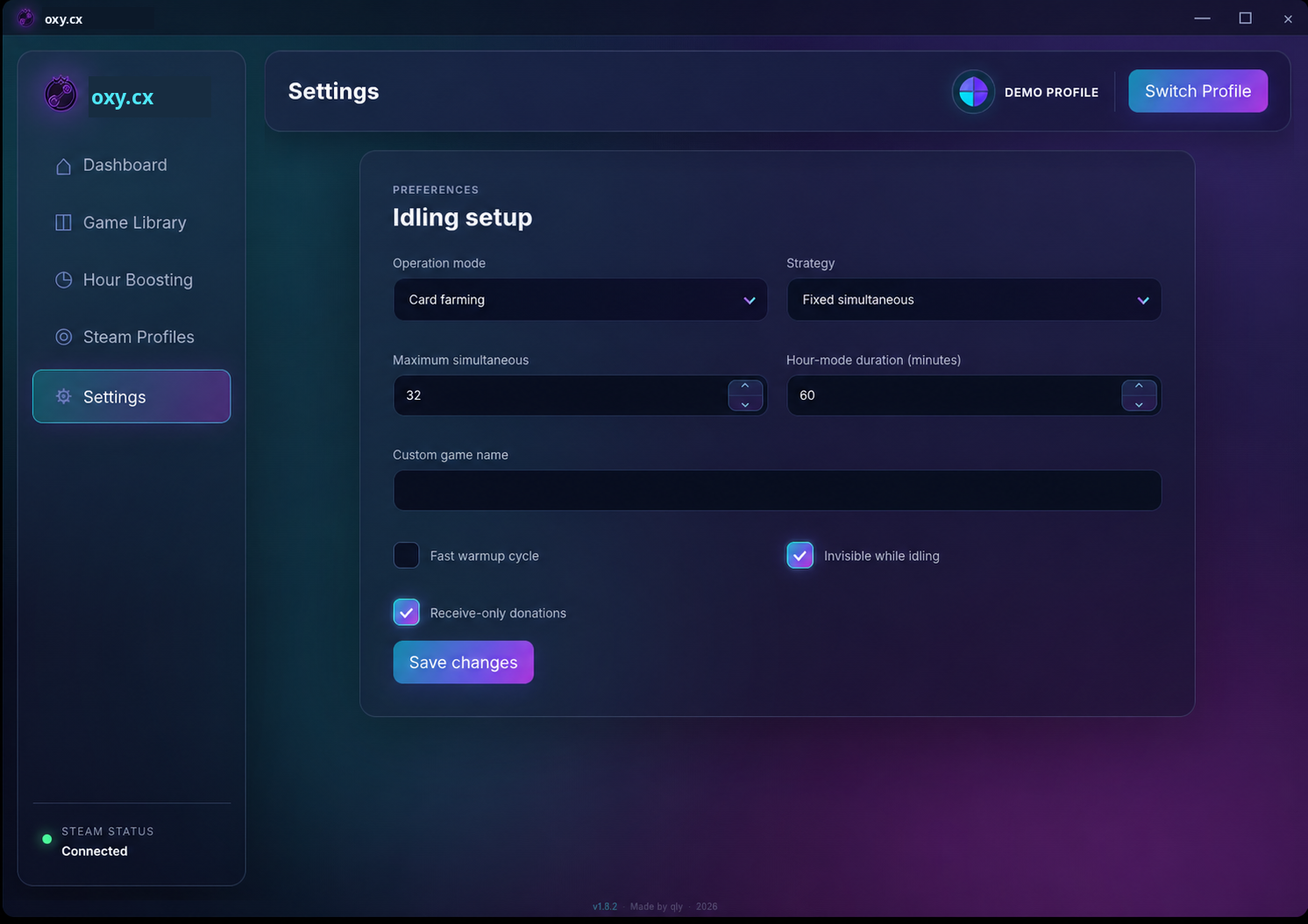 oxy.cx settings for farming strategy, duration and presence